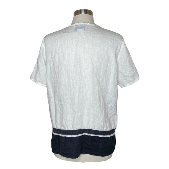 Flax Cream Black Trim Linen Short Sleeve Top Women's Small Minimalist Lagenlook - Picture 2 of 9